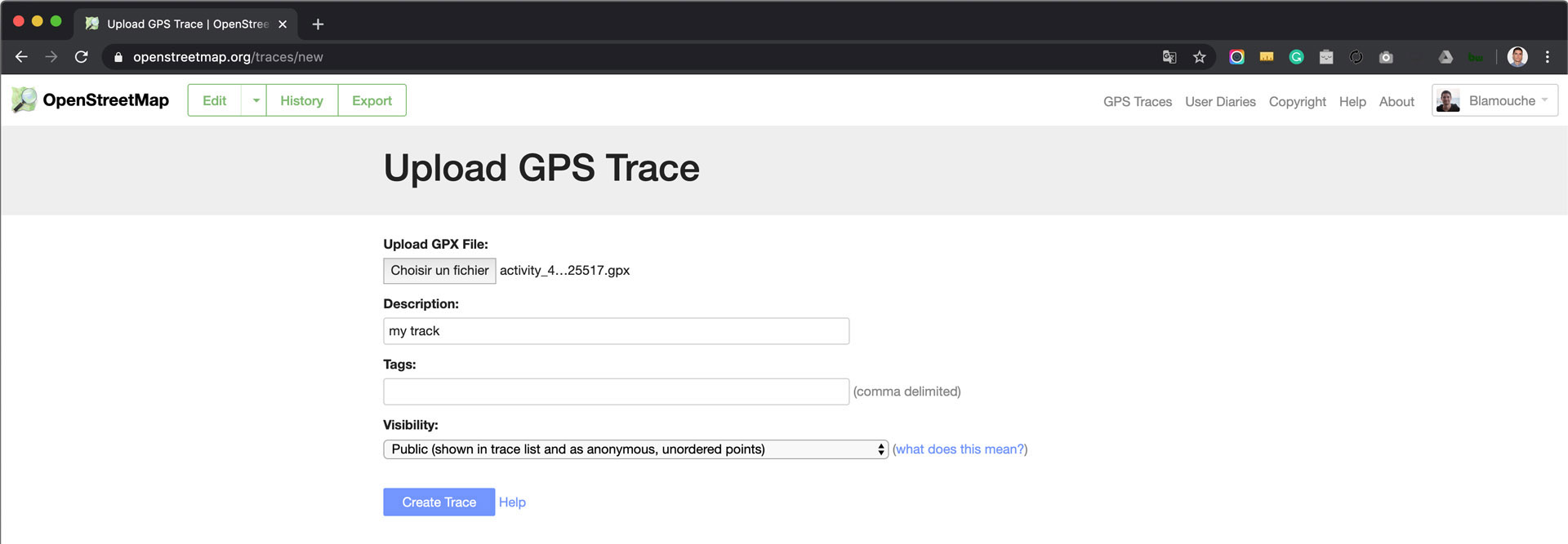 Uploading a GPS Trace